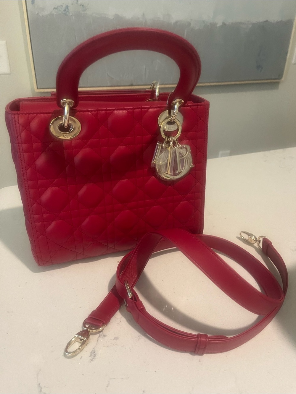Dior Red Quilted Lady Dior Satchel with Gold Hardware